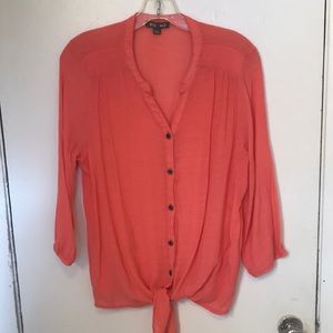 Women’s Roz & Ali Button Down Blouse, Coral, Size L, ties in front, 3/4 Sleeves